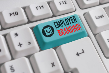 Writing note showing Employer Branding. Business concept for promoting company employer choice to desired target group White pc keyboard with note paper above the white background