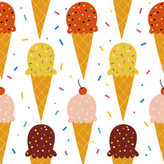 Scoop ice cream  vector pattern background. Sweet and yummy dessert. Design for fabric, wrapping, textile, wallpaper, apparel..