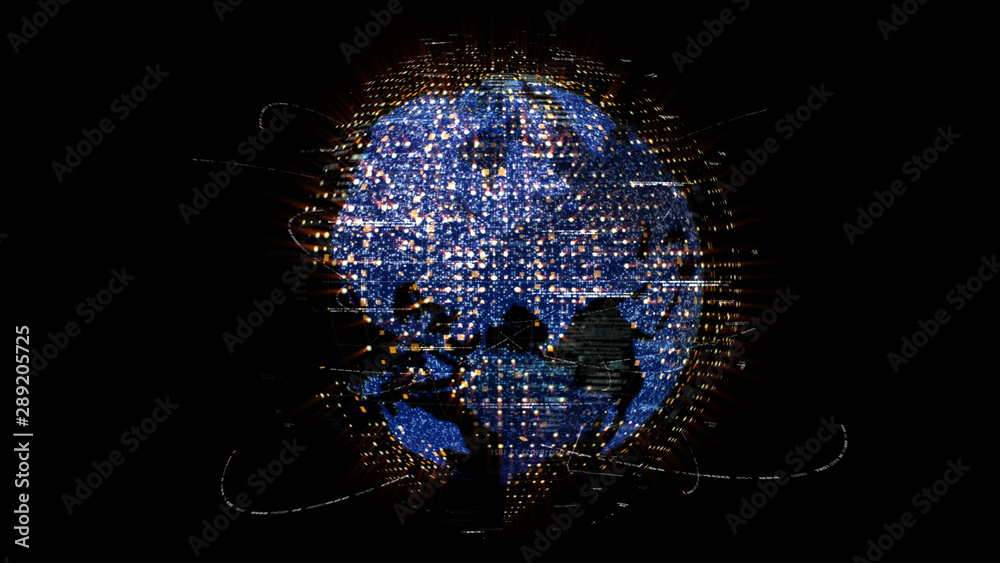 Aufkleber Futuristic global communication via broadband internet connections between cities around the world with matrix particles continent map for head up display background