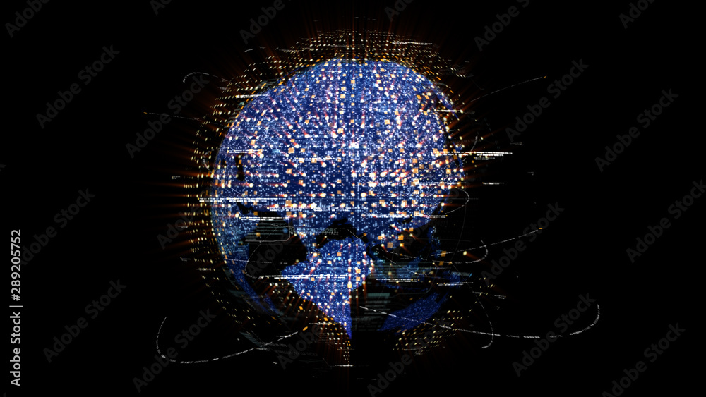 Poster Futuristic global communication via broadband internet connections between cities around the world with matrix particles continent map for head up display background