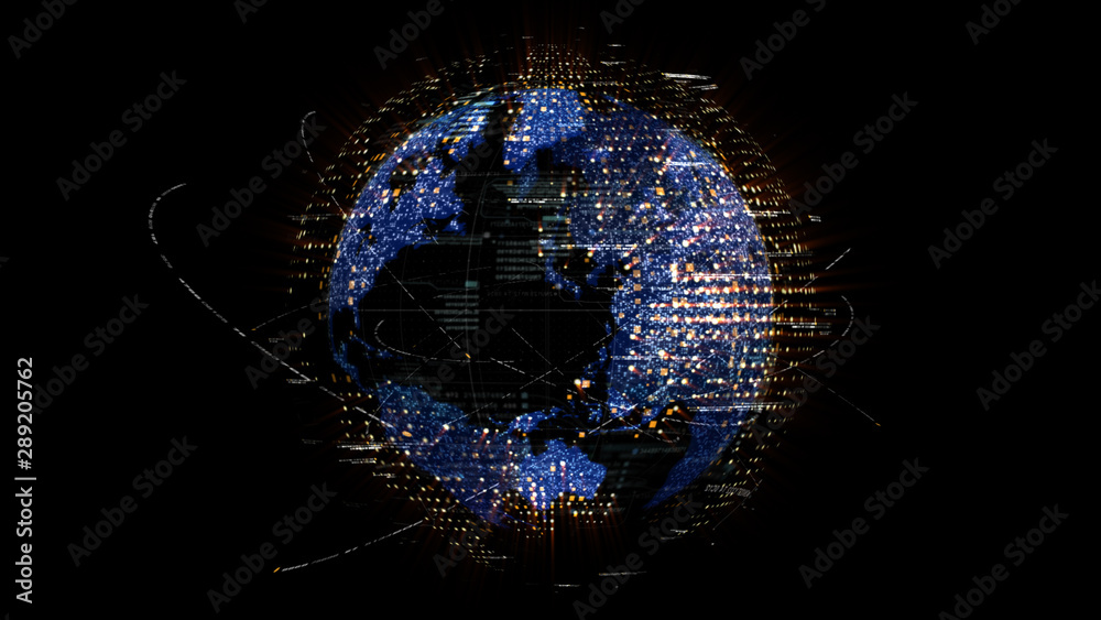 Poster Futuristic global communication via broadband internet connections between cities around the world with matrix particles continent map for head up display background