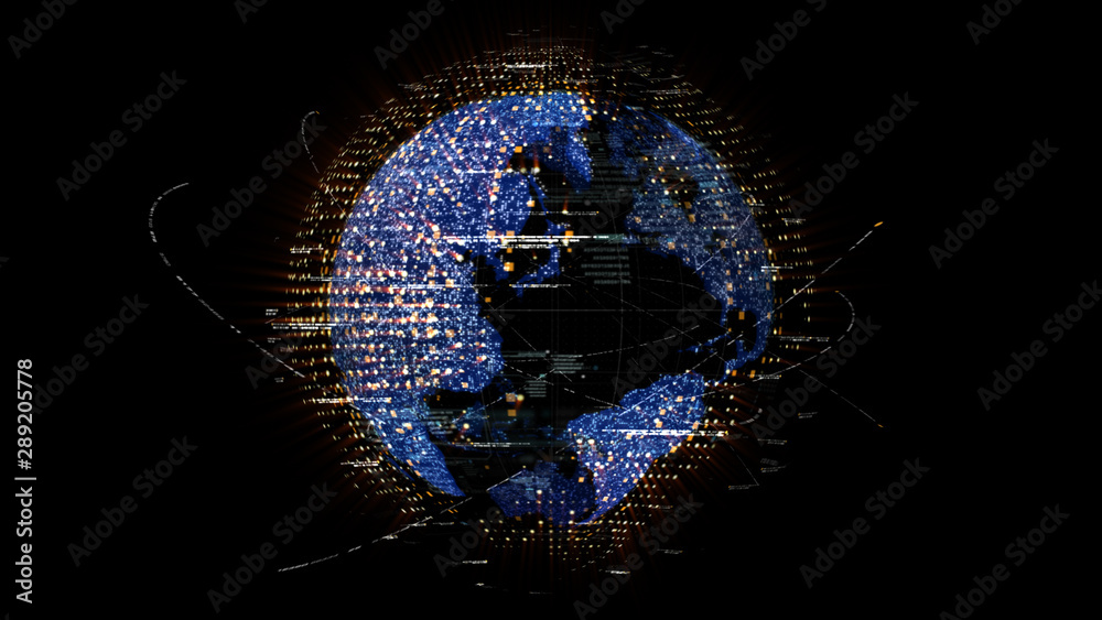Poster Futuristic global communication via broadband internet connections between cities around the world with matrix particles continent map for head up display background