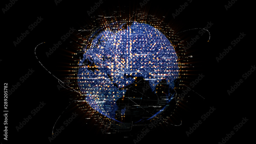 Poster Futuristic global communication via broadband internet connections between cities around the world with matrix particles continent map for head up display background
