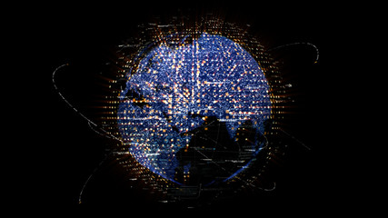 Futuristic global communication via broadband internet connections between cities around the world with matrix particles continent map for head up display background