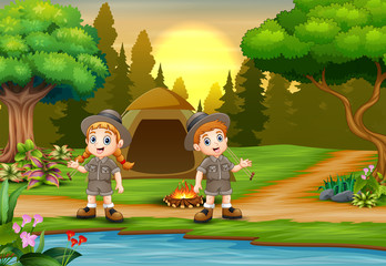 Kids camping background with sunset landscape