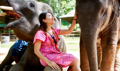 female thai tourist having fun with baby elephant at sanctuary in thailand