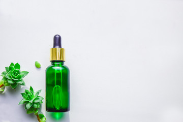 Natural serum from extracts in a glass green bottle with a pipette. Succulents, white background.