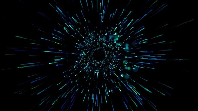 Abstract Colorful glittering spangles round frame with empty center motion.Effect blue speed lines abstract background.Star travel in space with bokeh