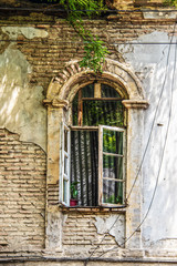 Fototapeta na wymiar Grungy arched casement window in wall with plaster peeling off exposing bricks underneath - striped curtains and plants in open window - untidy electric lines