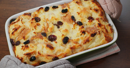 Homemade baked bread pudding on the table