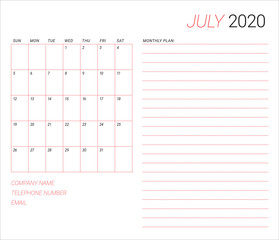 July 2020 desk calendar vector illustration