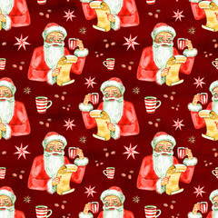 Christmas seamless background with letter to Santa Claus. New Year and Christmas holiday vintage pattern, watercolor and graphic hand drawn illustration with lettering