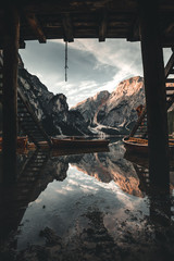 Lake Braies also known as Pragser Wildsee or Lago di Braies in Dolomites Mountains, Sudtirol, Italy.