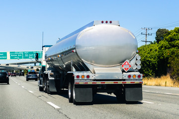 Tanker truck driving on the freeway in San Francisco Bay area, California