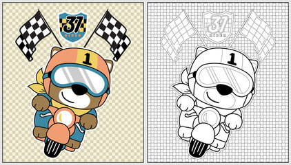 Animal motor racer cartoon vector, coloring book or page