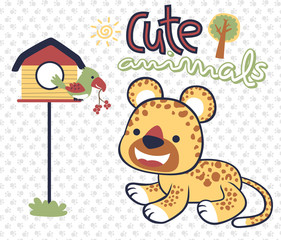 cute animals, bird and cheetah on footprint background pattern, Vector cartoon illustration