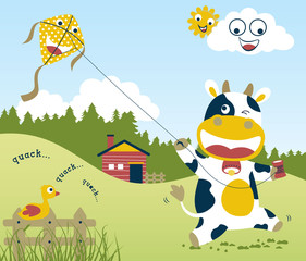 funny cow play kite on farmyard background, Vector cartoon illustration