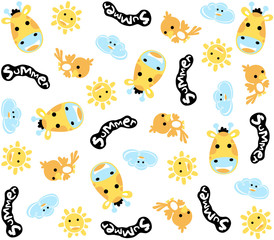 Fototapeta premium seamless vector patern with cute animals and sky object, giraffe, bird, sun, cloud