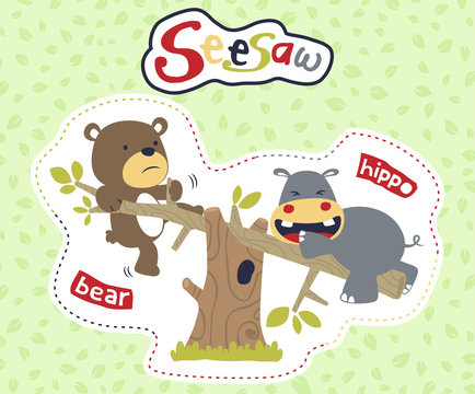 funny animals playing seesaw, hippo and bear on leaves background, vector cartoon illustration