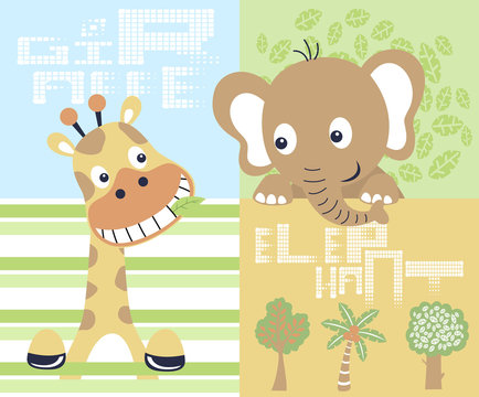 funny wild animal cartoon, giraffe and elephant