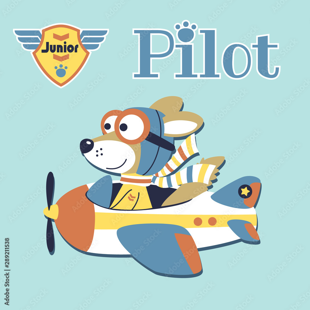 Wall mural funny pilot cartoon, wolf on airplane with flight logo