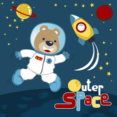 funny astronaut in outer space with rocket and space objects, vector cartoon illustration