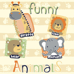 funny little animals cartoon, giraffe, lion, bear, elephant on footprint striped background