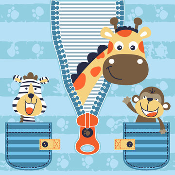 funny animals on striped background, giraffe come out from zipper, zebra with monkey in pocket. Vector cartoon