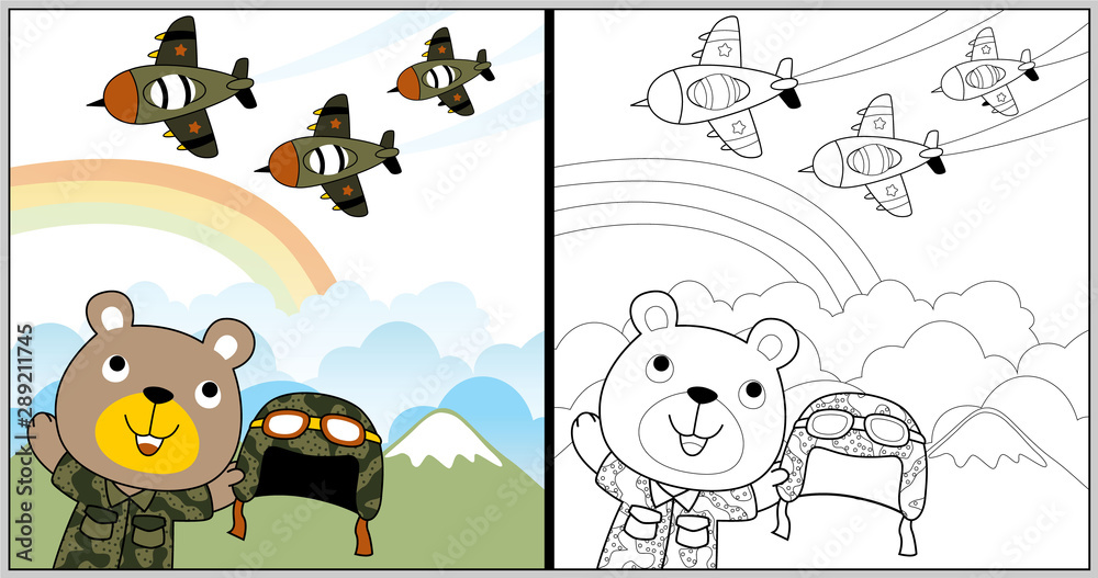 Canvas Prints vector cartoon of air force show with funny animal soldier, coloring book or page