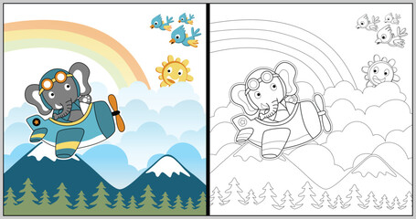 funny pilot cartoon, cute elephant on a plane with birds and smiling sun, coloring book or page