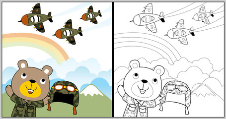 vector cartoon of air force show with funny animal soldier, coloring book or page