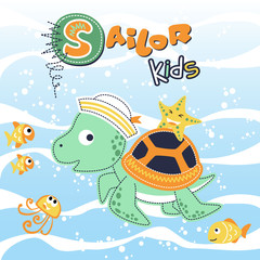 marine life cartoon on blue water background, turtle the sailor with little friends swimming
