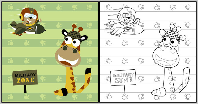 vector cartoon of animals soldier, giraffe and little bear on airplane, coloring book or page