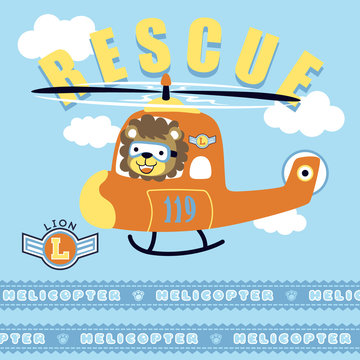 cute lion on helicopter, vector cartoon