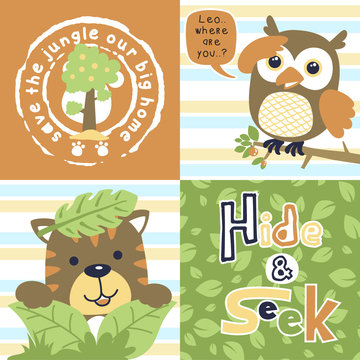 cute animals cartoon vector, owl with tiger playing hide and seek
