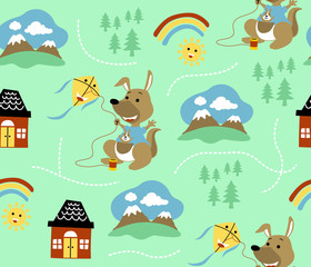 vector seamless pattern of kangaroo cartoon playing kite, mountain, home, sky objects