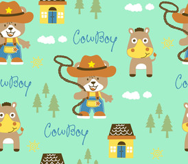 seamless pattern with vector cartoon of bear the cute cowboy, horse, home, trees