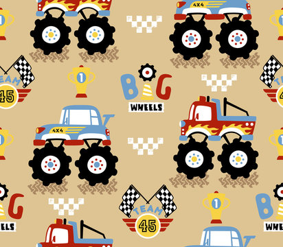seamless pattern vector of monster truck race cartoon