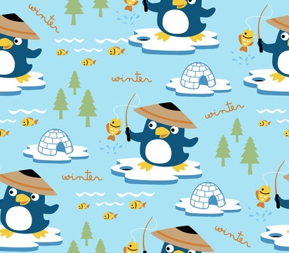 seamless pattern with vector cartoon of cute penguin fishing in north pole sea