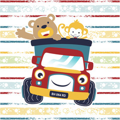 funny animals cartoon with funny truck on colorful striped background