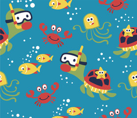 seamless pattern of marine life cartoon, turtle, crab, fish, octopus, starfish