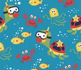 Behang naadloos patroon van zeeleven tekenfilm, schildpad, krab, vis, octopus, zeester © Bhonard21