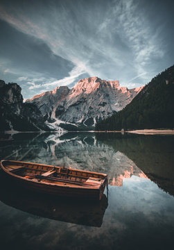Lake Braies also known as Pragser Wildsee or Lago di Braies in Dolomites Mountains, Sudtirol, Italy.