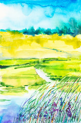 Watercolor illustration of a beautiful summer forest landscape by the lake