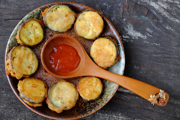 Top view vegetarian food, eggplant fried crispy with chili sauce