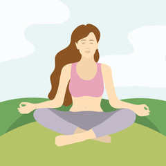 Obraz na płótnie Canvas Vector illustration of young woman sitting on grass in lotus pose of yoga. Girl practicing meditation, pranayama, technique mindfulness, breath control. Template for banner, poster,card, advert, flyer