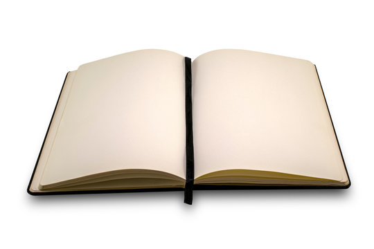 Open book with blank pages isolated on white background. Black color hardcover and bookmark.