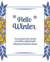 Elegant blue leaves and gold flower frame, hello winter text. Vector
