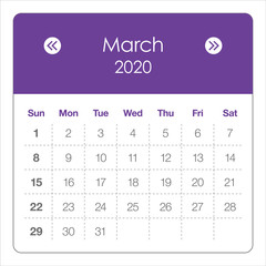 March 2020 monthly calendar vector illustration
