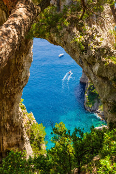 View of the Arco Naturale, a natural arch on the east coast of the island of Capri.